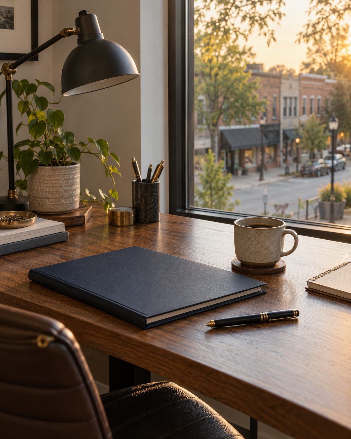 A desk by a window with a navy folder, a pen and a cup of coffee, looking out on a main street at sunset