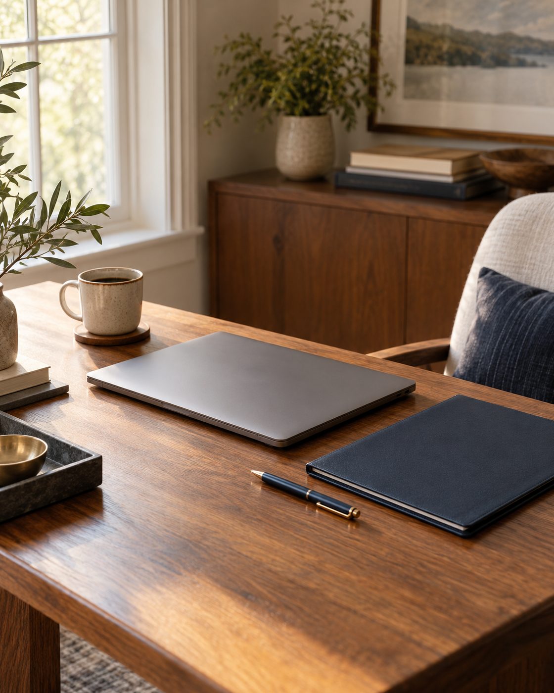A wooden desk with a closed laptop, a navy folder, a pen and a cup of coffee